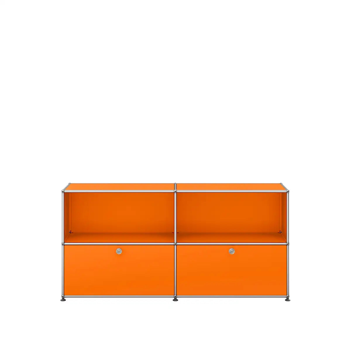 Sideboard 2x2 in Reinorange – oben zwei offene Fächer, unten zwei Klapptüren; pulverbeschichtetes Metall, Maße 150 × 35 × 74 cm