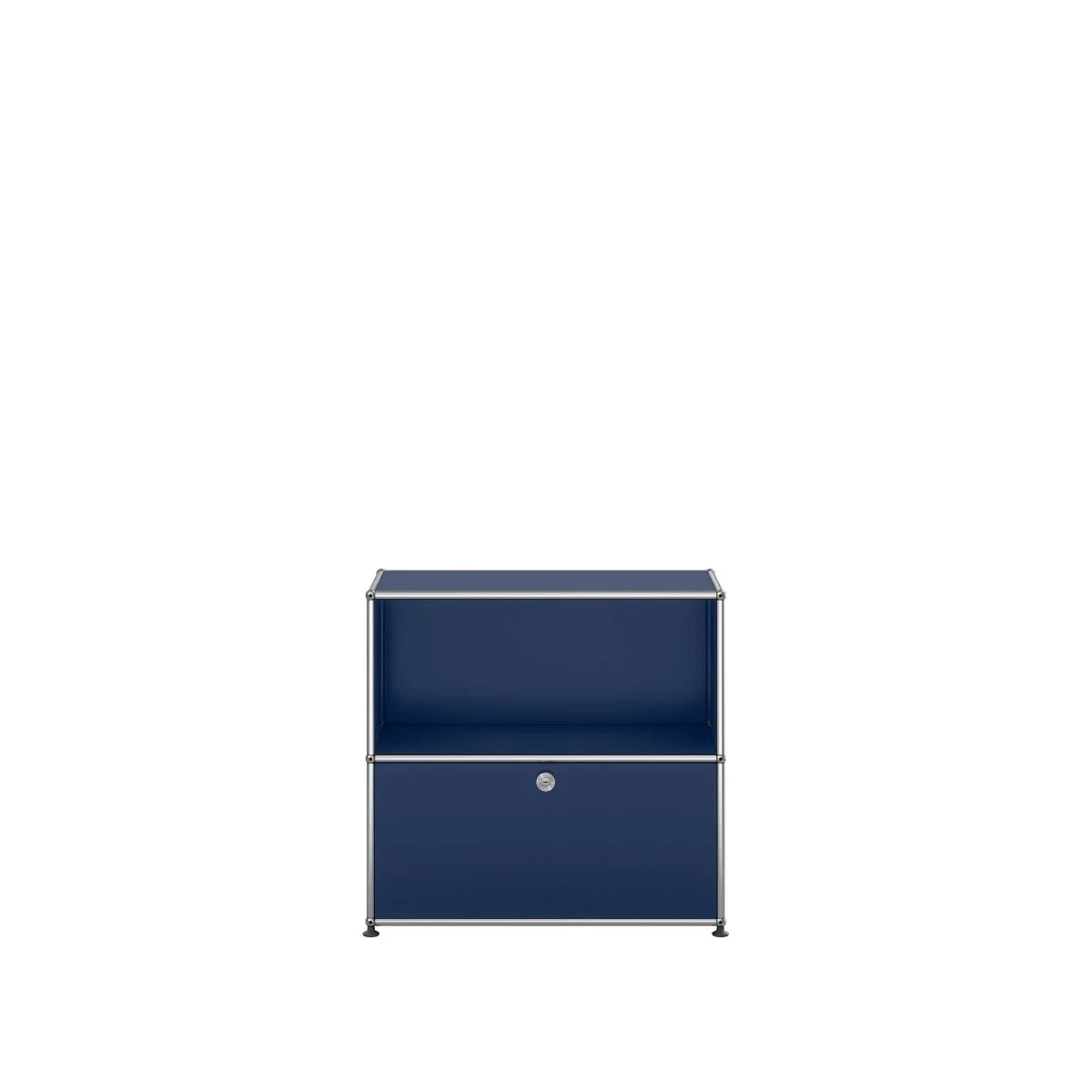 USM Haller Sideboard in Stahlblau, offenes Fach oben, Klapptüre unten, elegante Metallrohrkanten