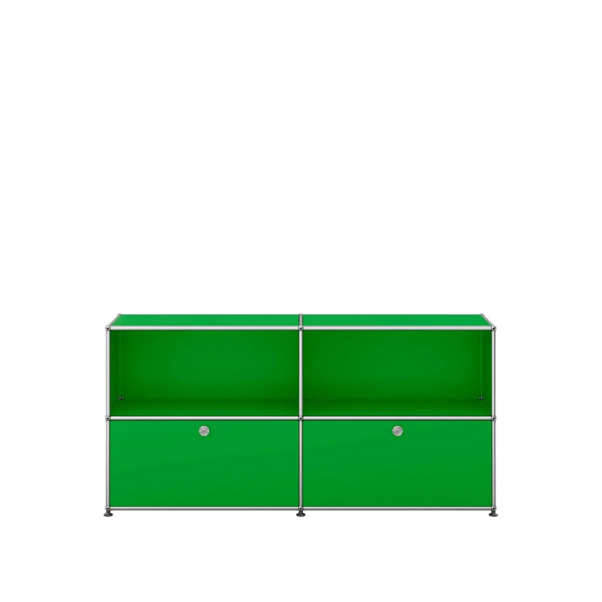 USM Haller Sideboard 2x2 in Grün mit Klapptüren: pulverbeschichtetes Metall, 150×35×74 cm. Langlebig, modular erweiterbar