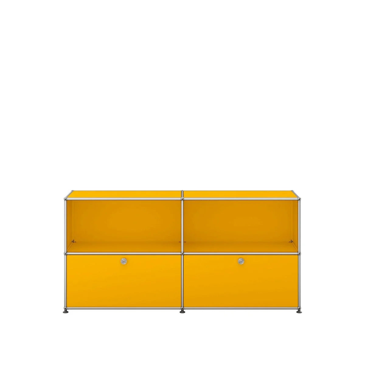 USM Haller Sideboard 2x2 in gelb – Designklassiker mit zwei Klapptüren, offener Stauraum oben, stabile Stahlkonstruktion, 150 × 35 × 74 cm