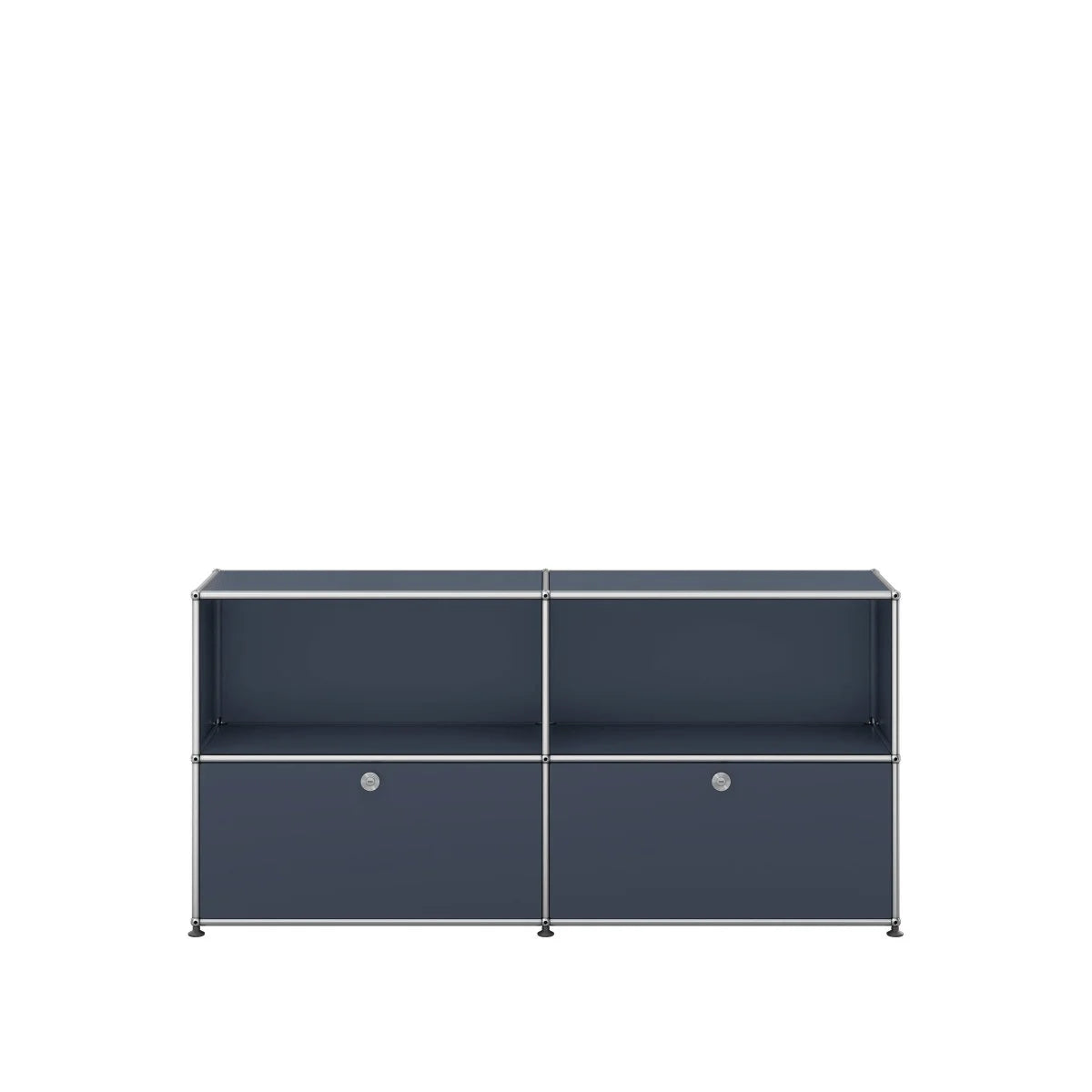USM Haller Sideboard 2x2 in Anthrazit, minimalistischer Look; obere Ebene offen, unten Klapptüren