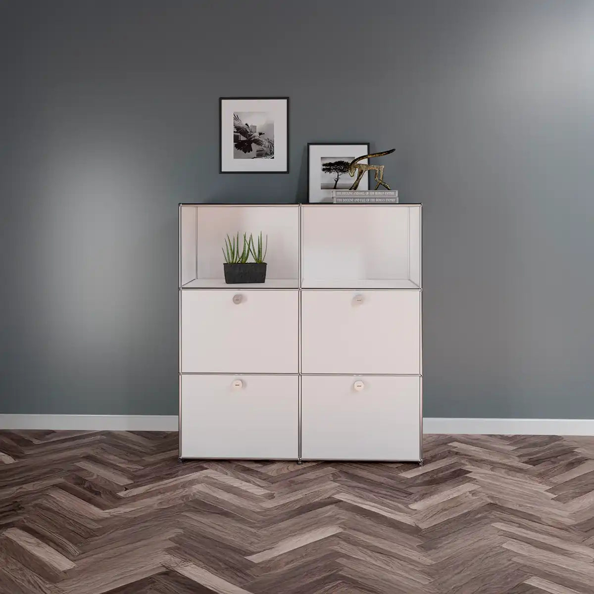 USM Haller Sideboard 2 x 50 cm Breit / 3 Hoch / 4 Klapptüren in weiß im Wohnzimmer mit Bildern