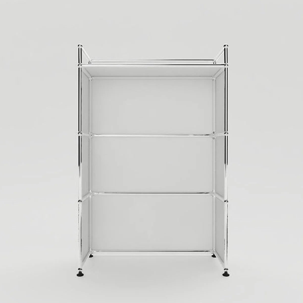 USM Haller Stehpult in Reinweiß, Rückansicht mit offenen Ebenen für schnelle Ablage