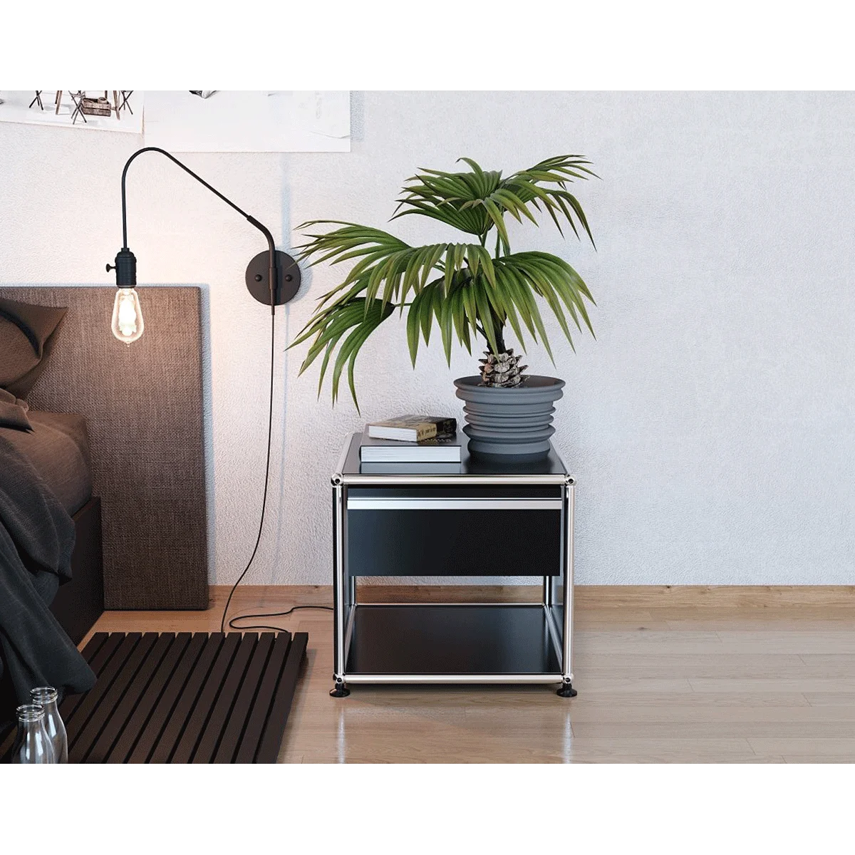 USM Haller Nachttisch in Schwarz mit Schublade und offener Ablage, minimalistisches Design