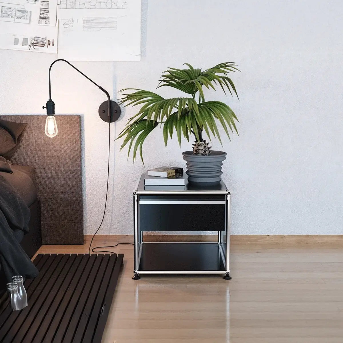 USM Haller Nachttisch in Schwarz mit Schublade und offener Ablage, minimalistisches Design