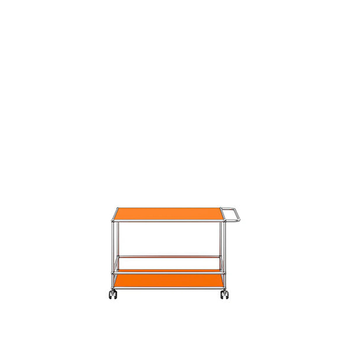 Design-Servierwagen in Reinorange, zwei Ebenen fuer Glaeser und Tabletts, schlanker verchromter Rahmen
