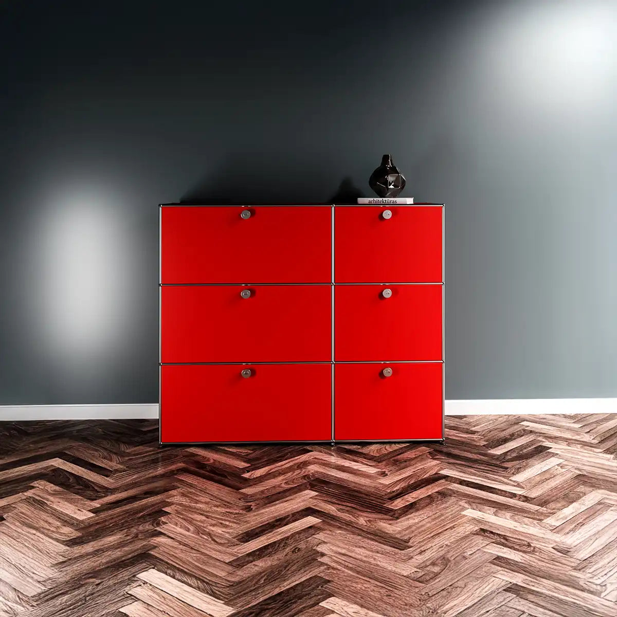 USM Haller Sideboard in Rubinrot, geschlossene Front mit sechs Klapptueren als moderner Akzent