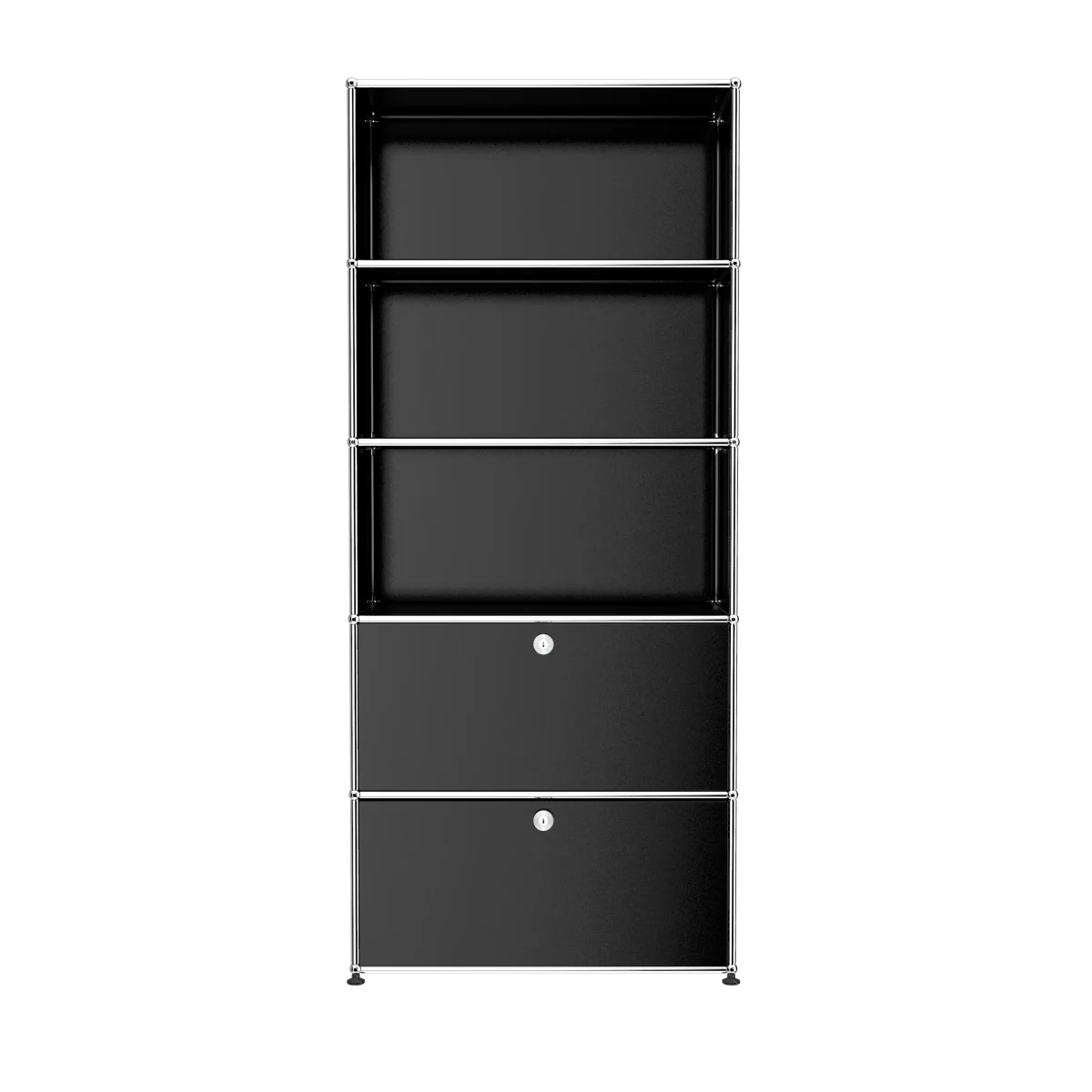 USM Haller Regal in Schwarz, elegante Böden für Bücher und verdeckter Stauraum hinter Klapptüren