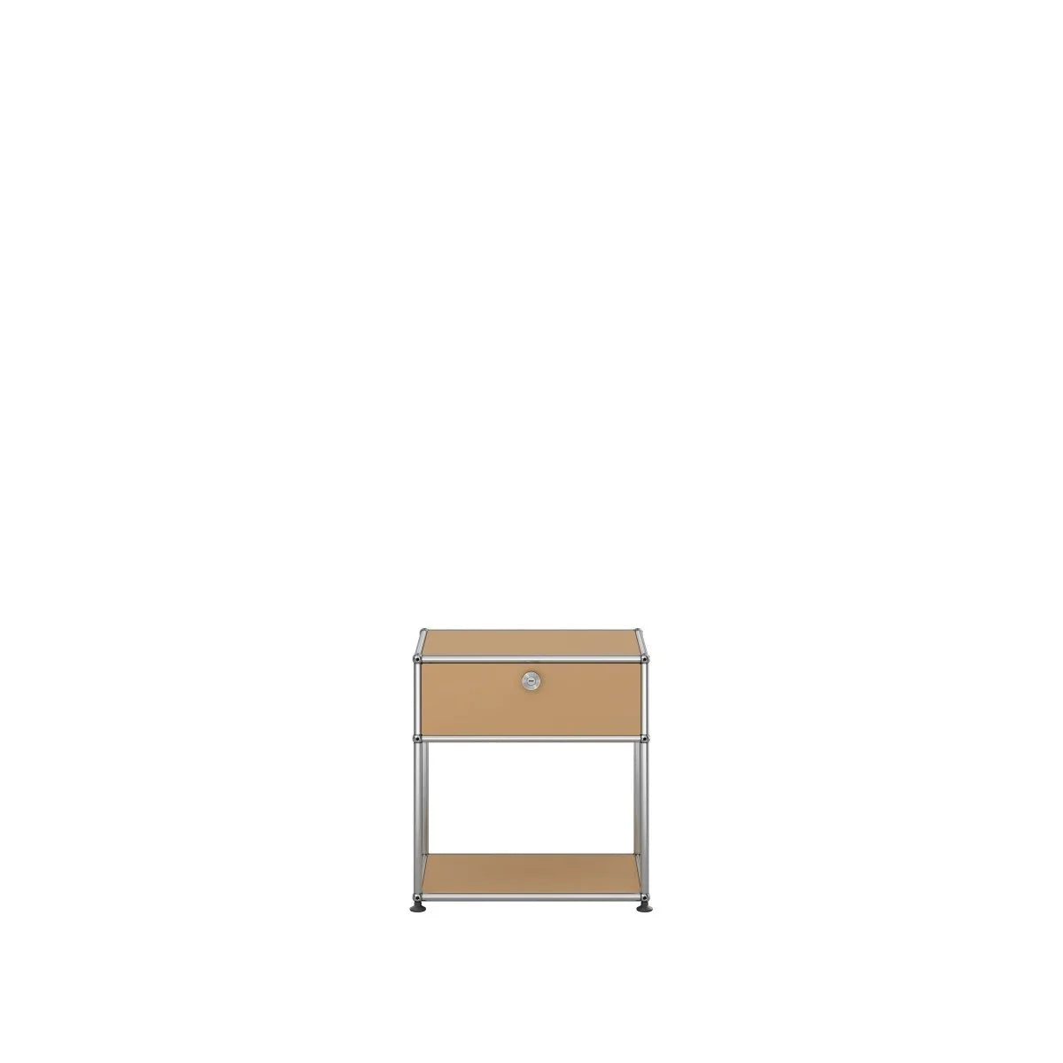 USM Haller Nachttisch in Beige, robuste Pulverbeschichtung, eine Klapptür und unteres Ablagefach