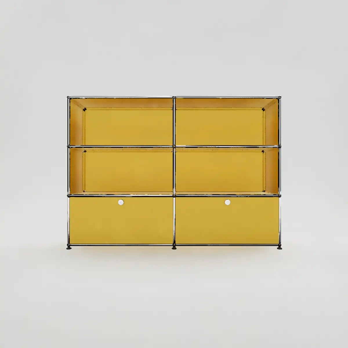 USM Haller Sideboard in Goldgelb mit zwei Klapptüren und offenem Stauraum