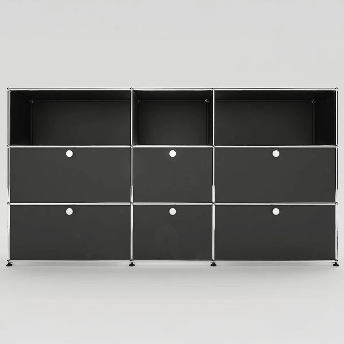 USM Haller Highboard 3x3 in Anthrazit – Frontansicht, pulverbeschichtetes Metall mit 6 Klapptüren