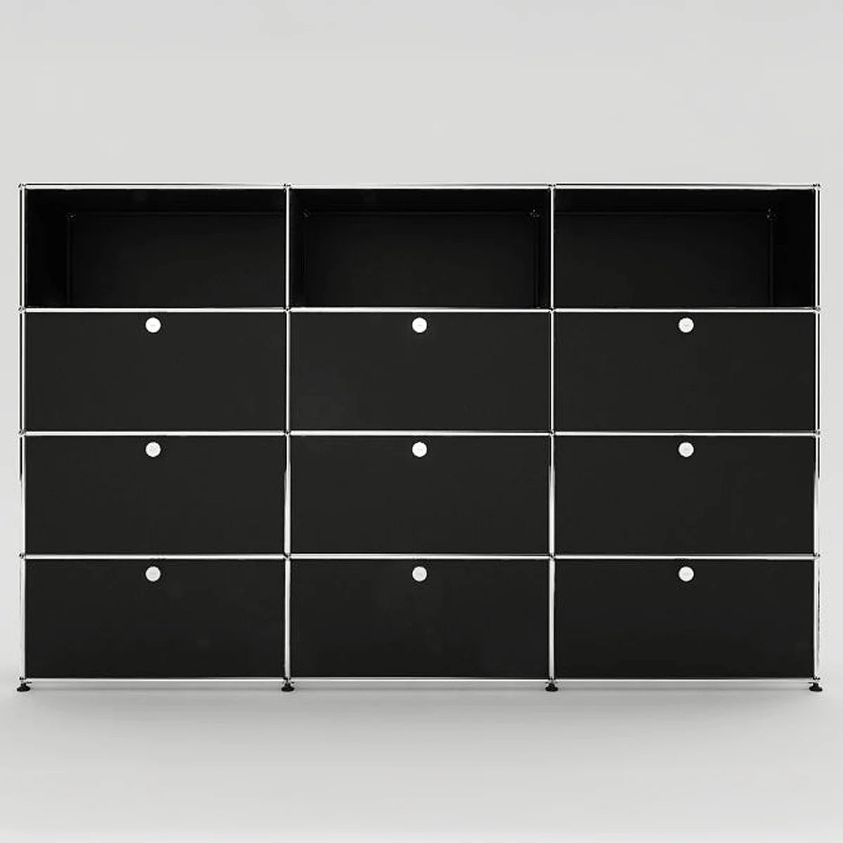 USM Haller Highboard in Schwarz, frontale Ansicht mit runden Griffen und 9 Klapptüren