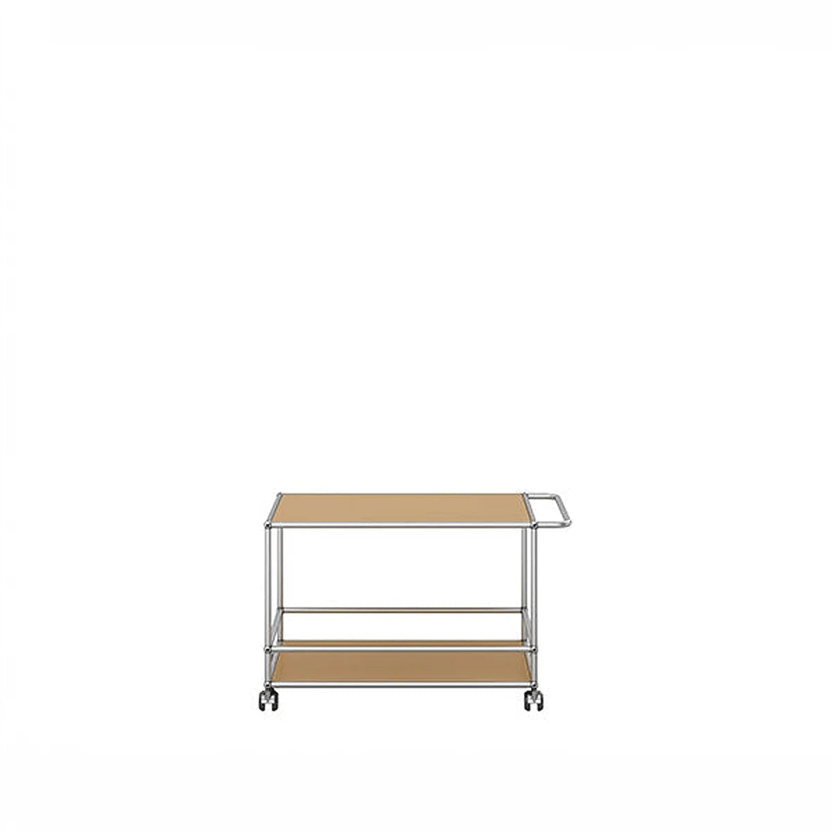 USM Haller Servierwagen in Beige, pulverbeschichtete Tablarboeden und elegantes Rollenfahrwerk
