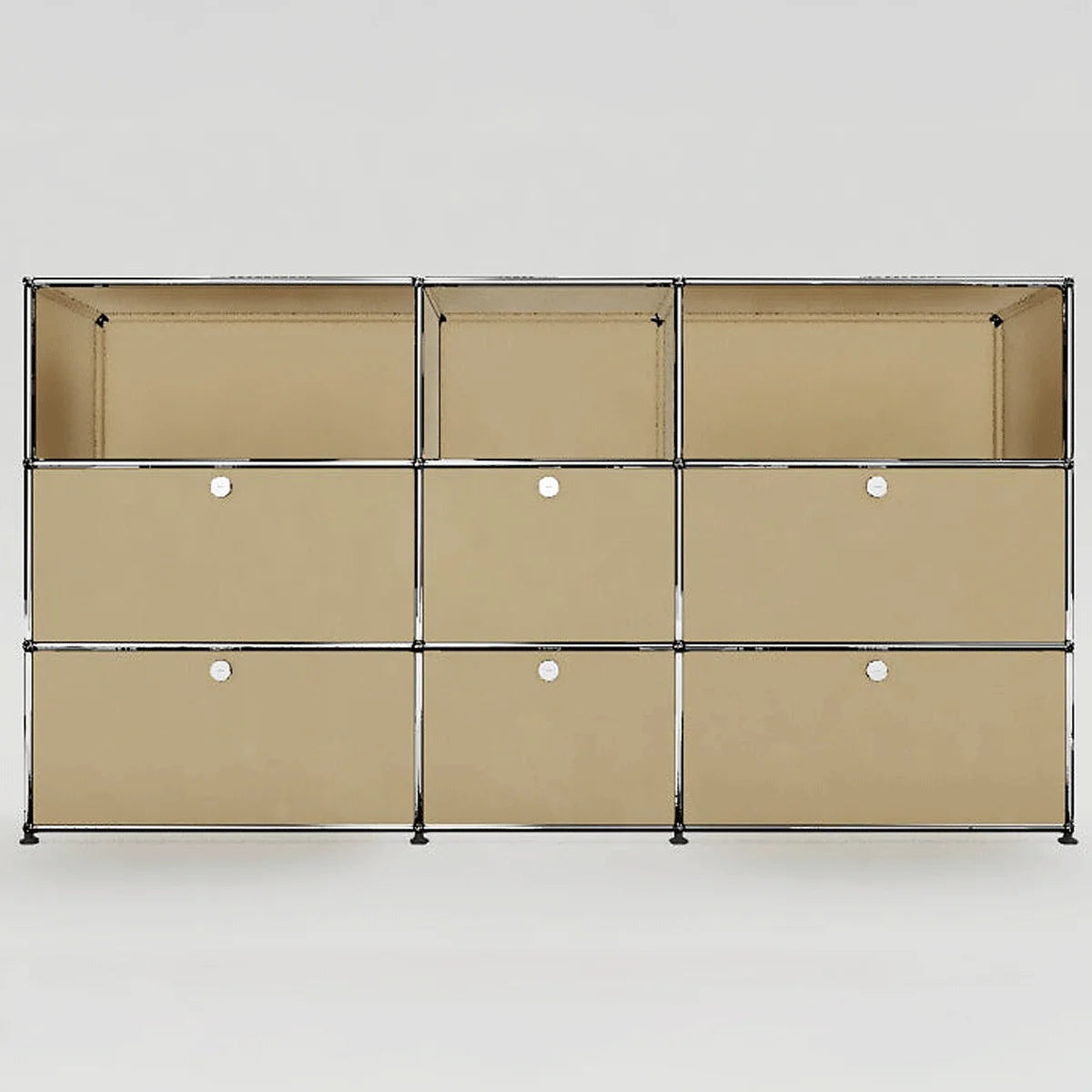 USM Haller Highboard 3x3 in Beige – Frontansicht, modulares Sideboard mit 6 Klapptüren