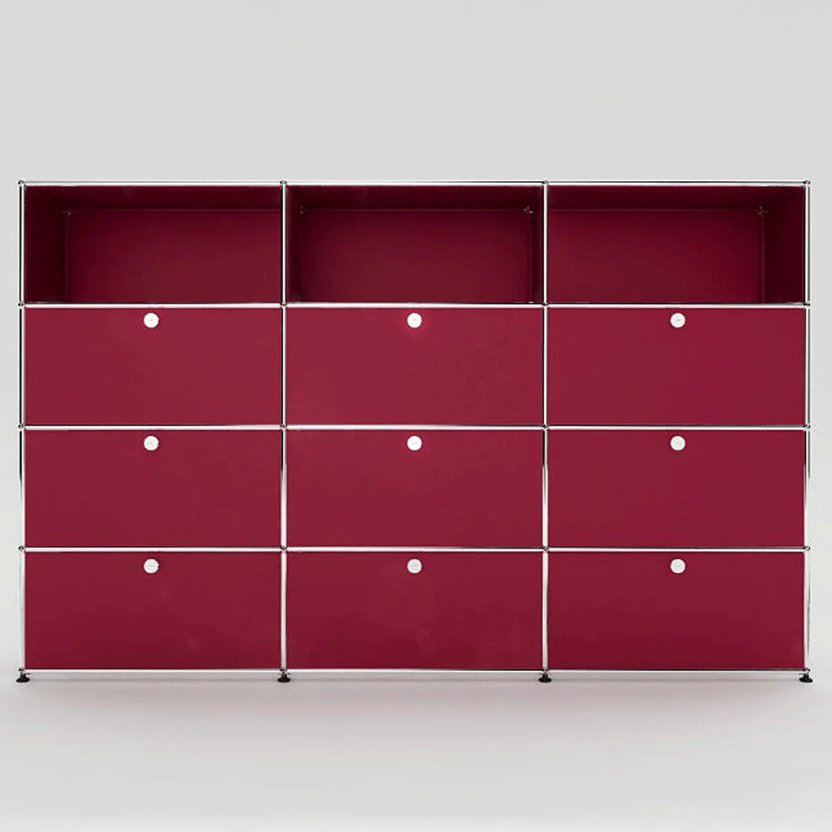 USM Haller Highboard in Rot, markanter Designakzent mit 9 Klapptüren aus pulverbeschichtetem Metall