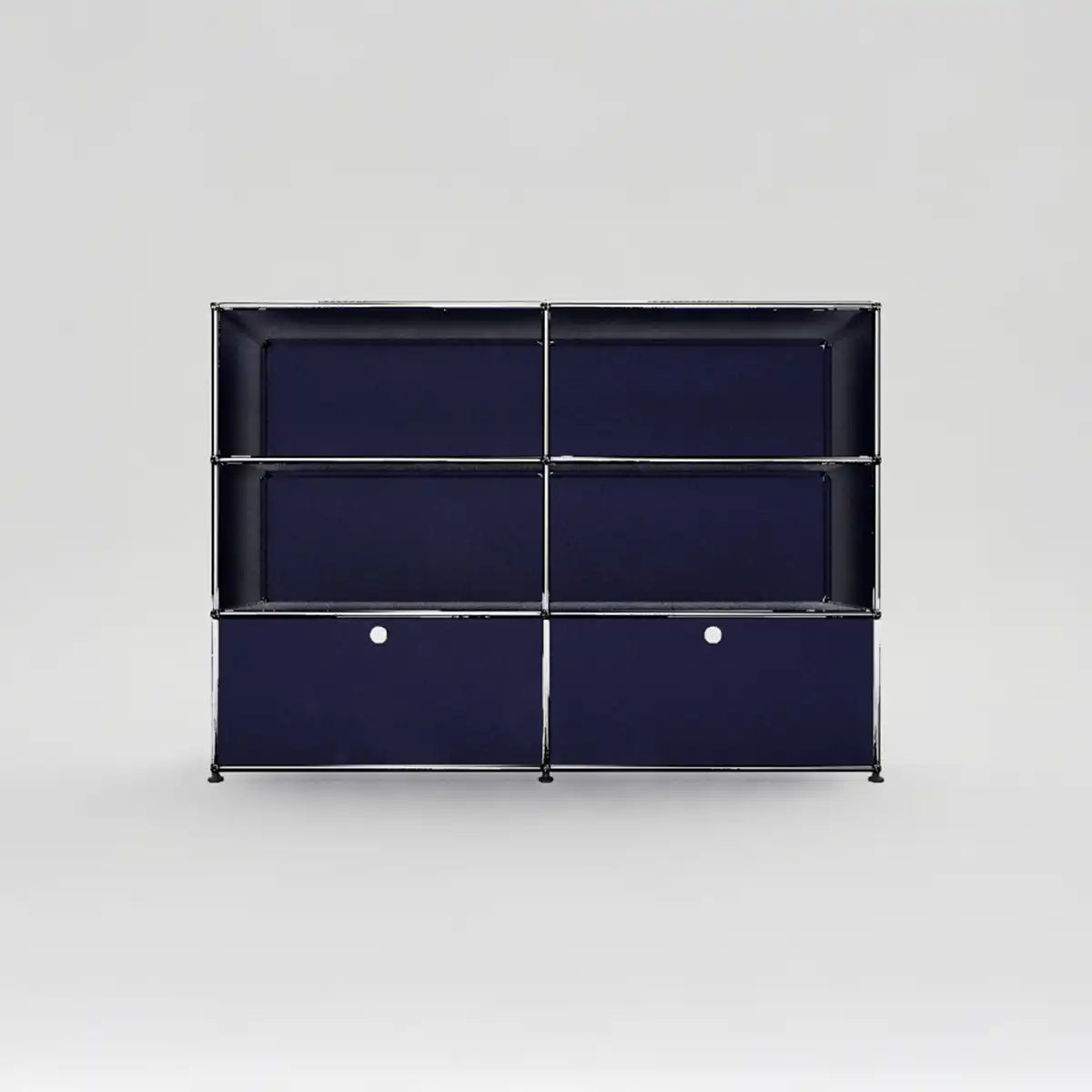 USM Haller Sideboard in Stahlblau mit offenen Fächern und zwei Klapptüren