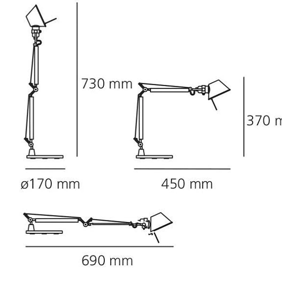 Maßzeichnung der Artemide Tolomeo Tavolo Micro: Höhe 730 mm, Ausladung 690 mm, Schirmdurchmesser 170 mm.