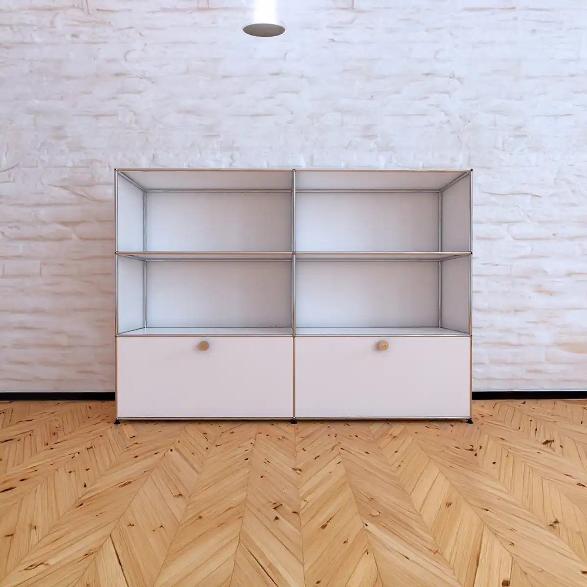 USM Haller Sideboard in Reinweiß mit zwei Klapptüren und offenen Fächern