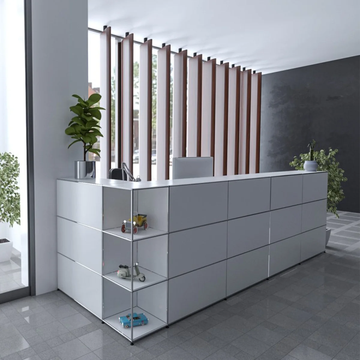 Seitliche Ansicht der weißen USM Haller Empfangstheke mit Ablagefächern