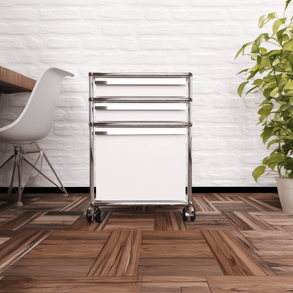 USM Haller Rollcontainer in weiß stehend in einem Wohnzimmer von USM Markt