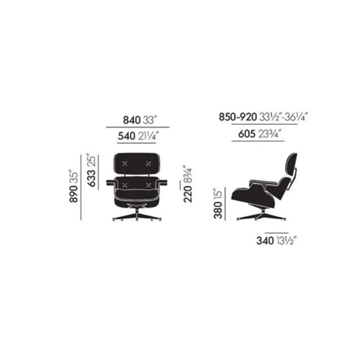 Lounge Chair & Ottoman Studioaufnahme vor weißem Hintergrund mit Maßen und Informationen