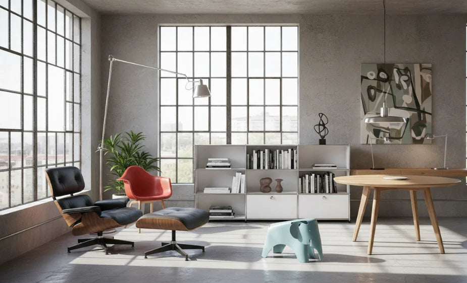 Wohnraum mit Designklassiker von USM Haller und Vitra mit Artemide Leuchte