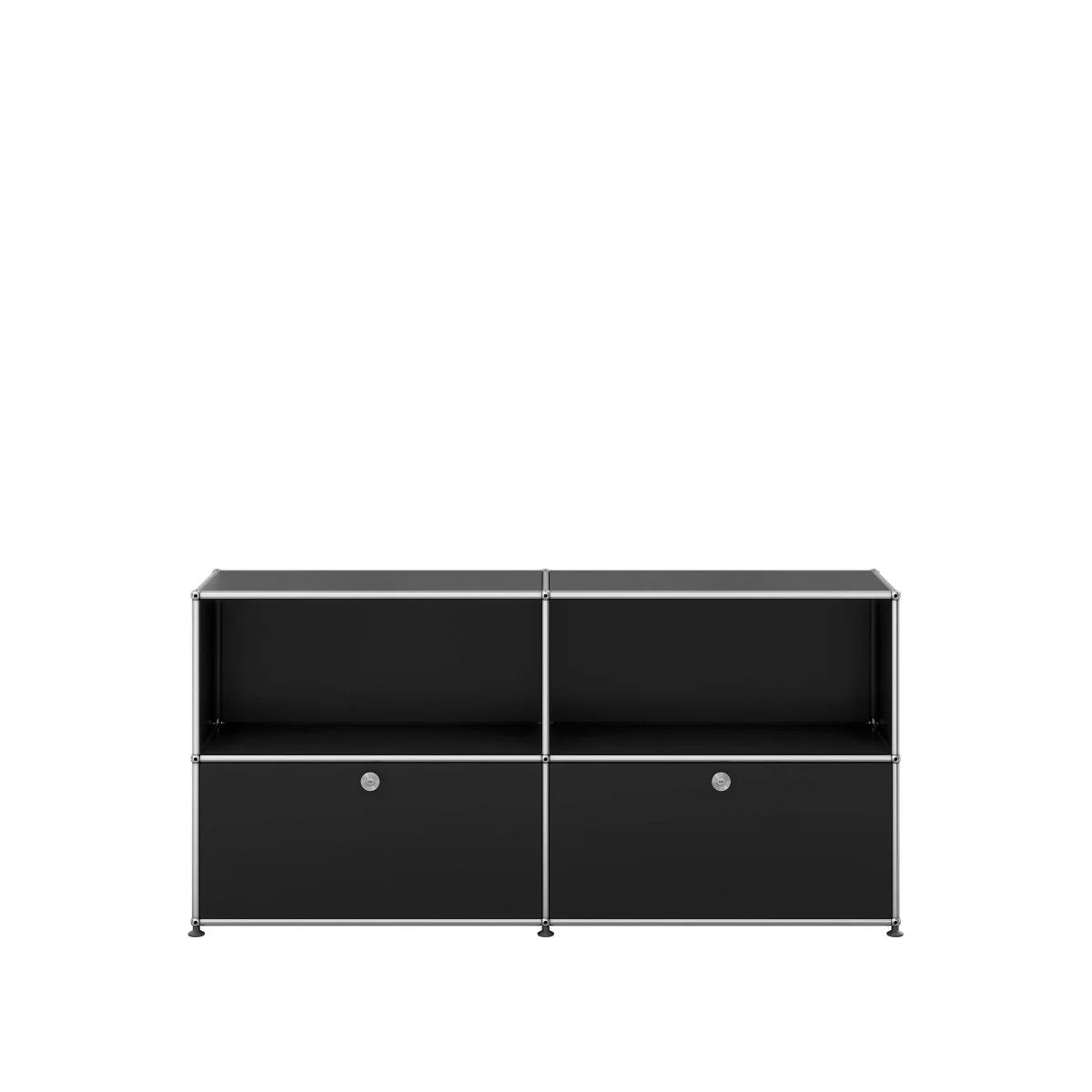 USM Haller Sideboard 2x2 in Schwarz; edles Designmöbel aus pulverbeschichtetem Metall mit zwei Klapptüren