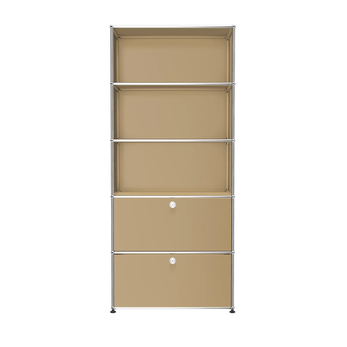 USM Haller Regal 1 breit, 5 hoch in Beige mit zwei Klapptüren und drei offenen Fächern