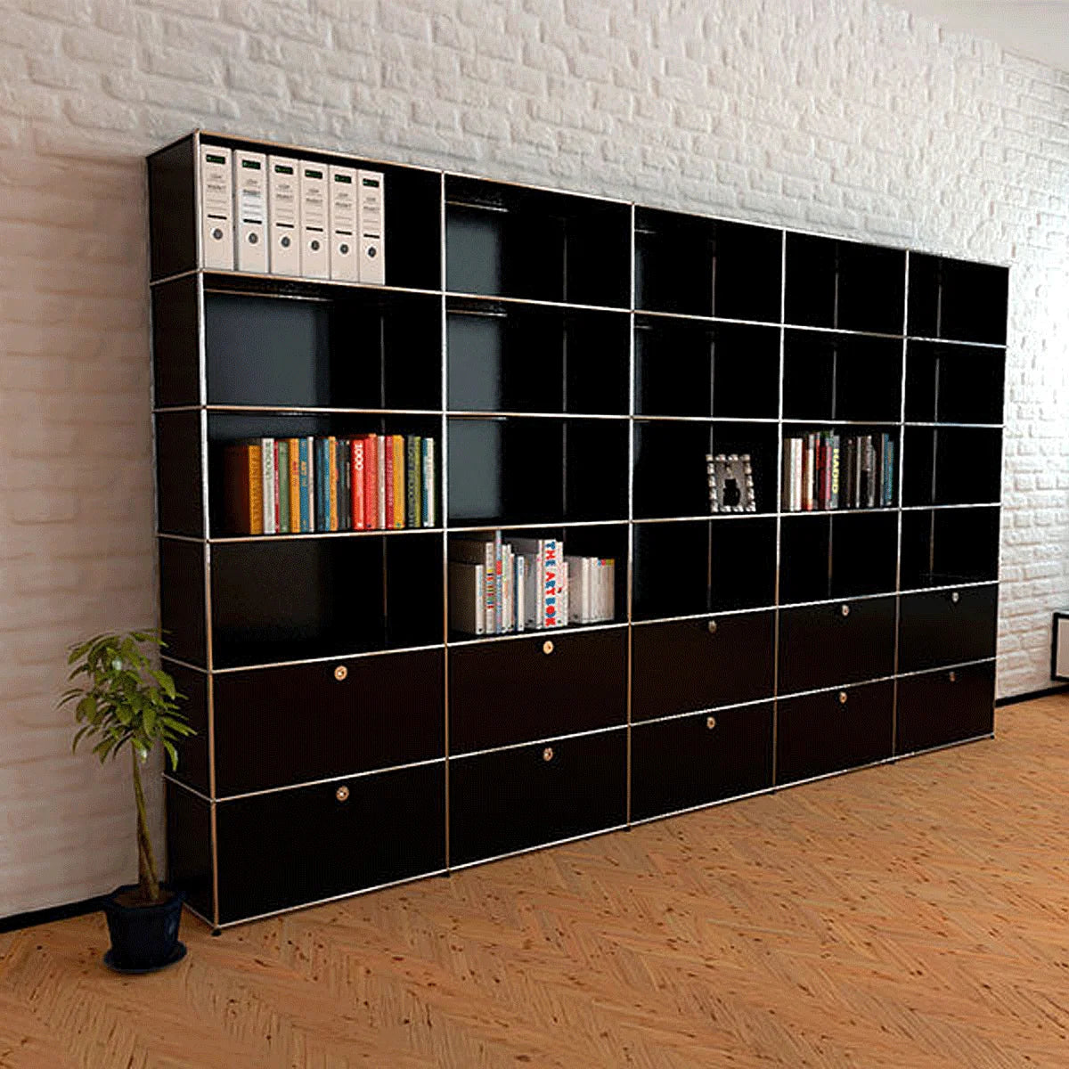 Seitliche Perspektive: USM Haller Regal 5 breit, 6 hoch aus pulverbeschichtetem Metall