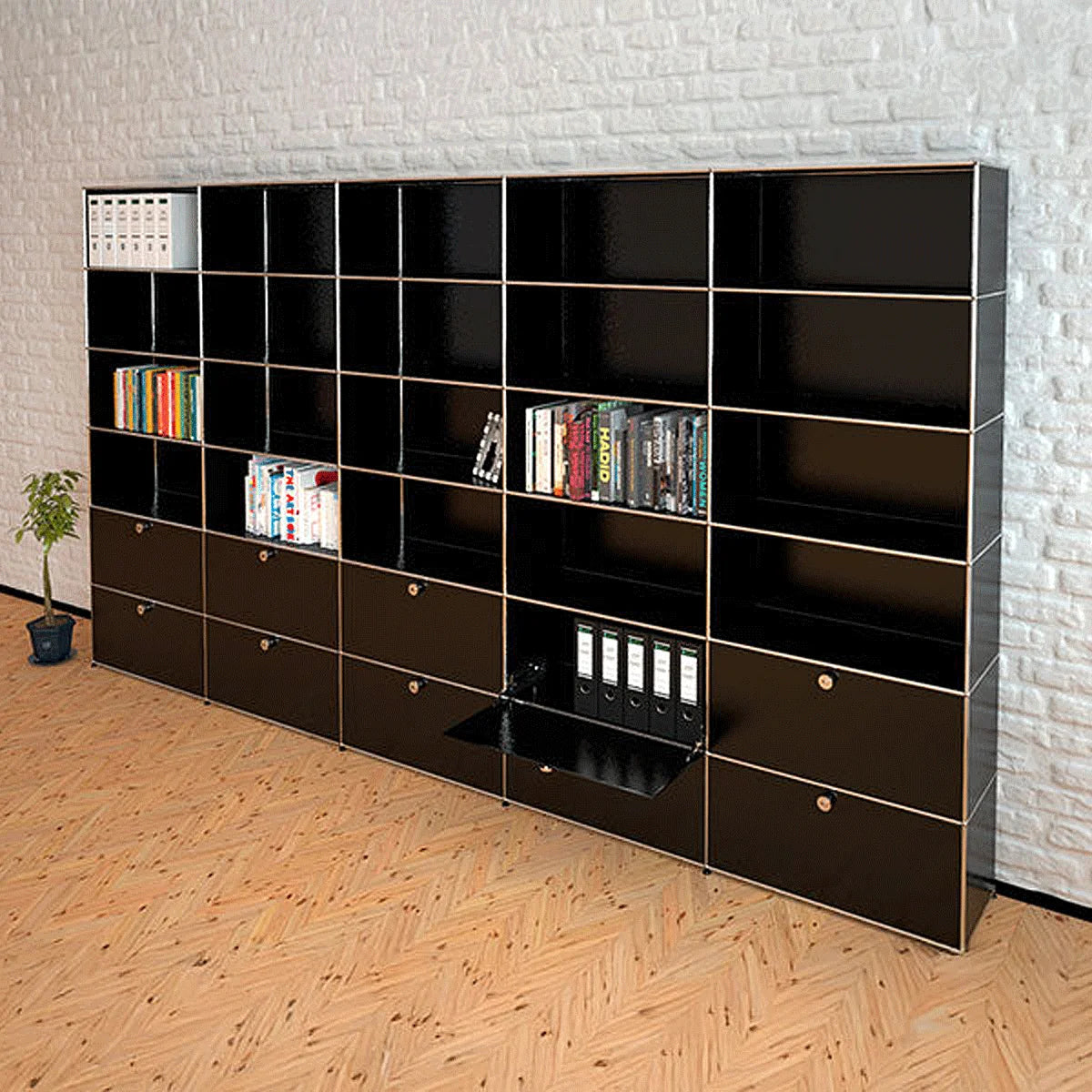 USM Haller Regal mit geöffneter Klapptür, Platz für Ordner und Bücher, B 375 × T 35 × H 214 cm