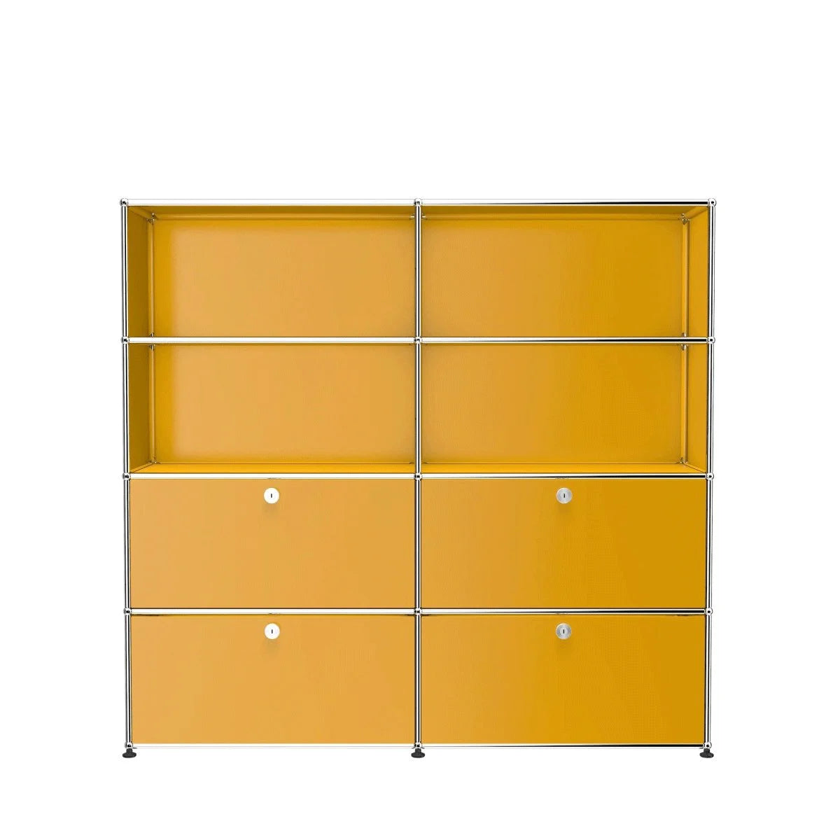 USM Haller Highboard in Goldgelb; ikonischer Rohrrahmen, zwei offene Boards für Deko, vier Klapptüren für Akten.