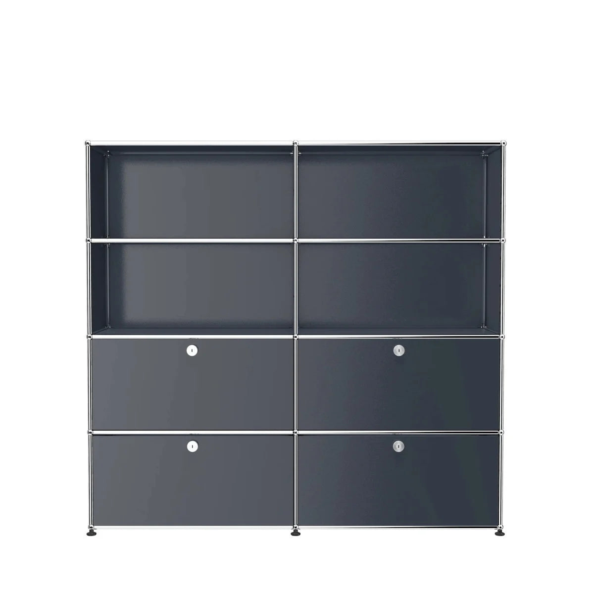 USM Haller Regal/Highboard anthrazit; pulverbeschichtete Fronten unten, offene Ablagen oben, minimalistisches Design.