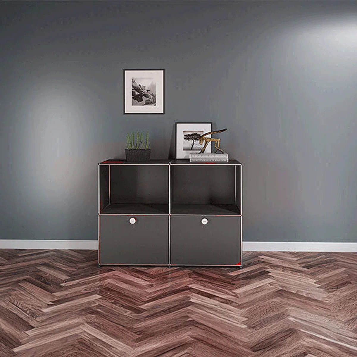 Anthrazitfarbenes USM Haller Sideboard mit 2 Klapptüren und modernem Design