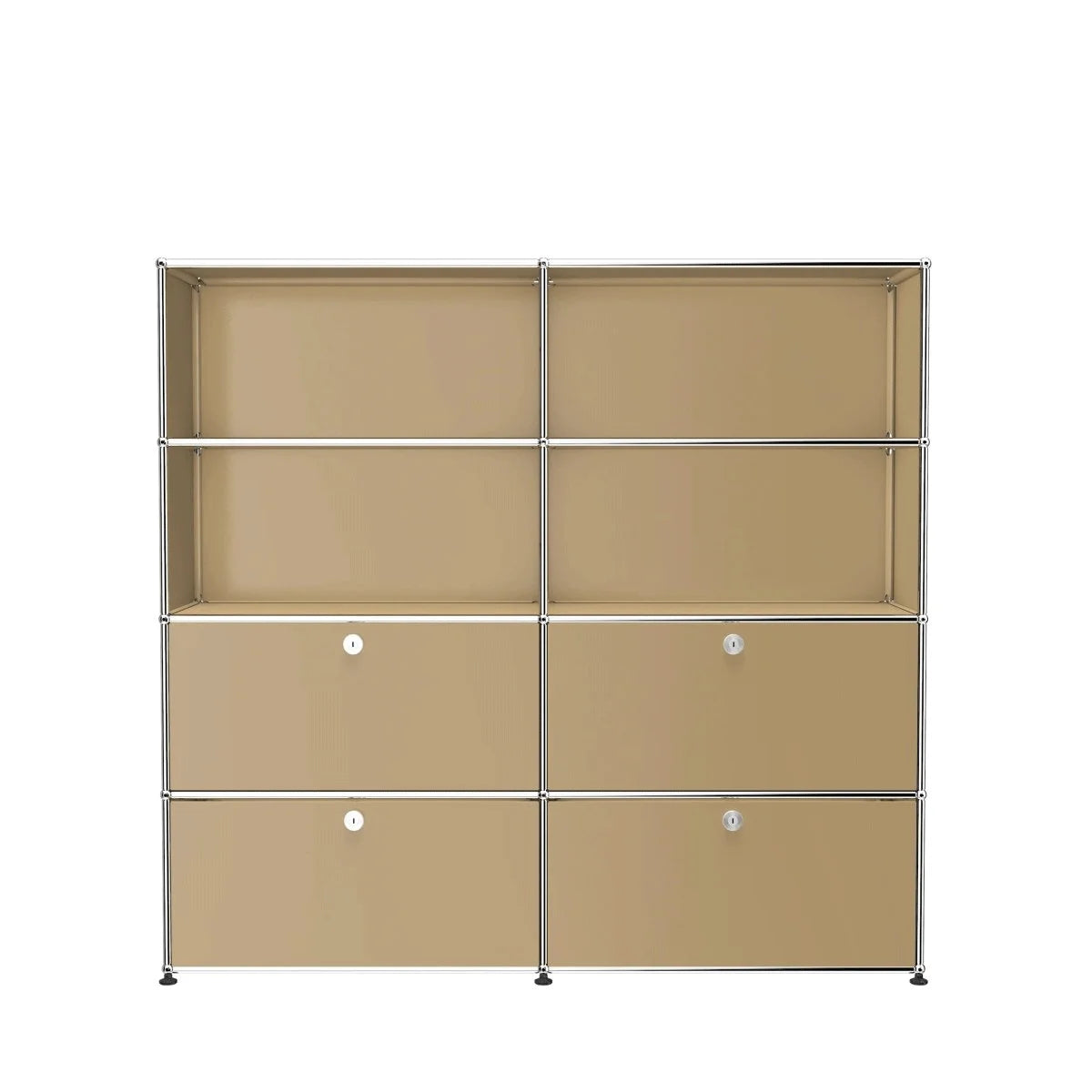 USM Haller Highboard beige, 150×35×149 cm; Chromknoten, klare Linien, unten vier Klapptüren für verdeckte Aufbewahrung.