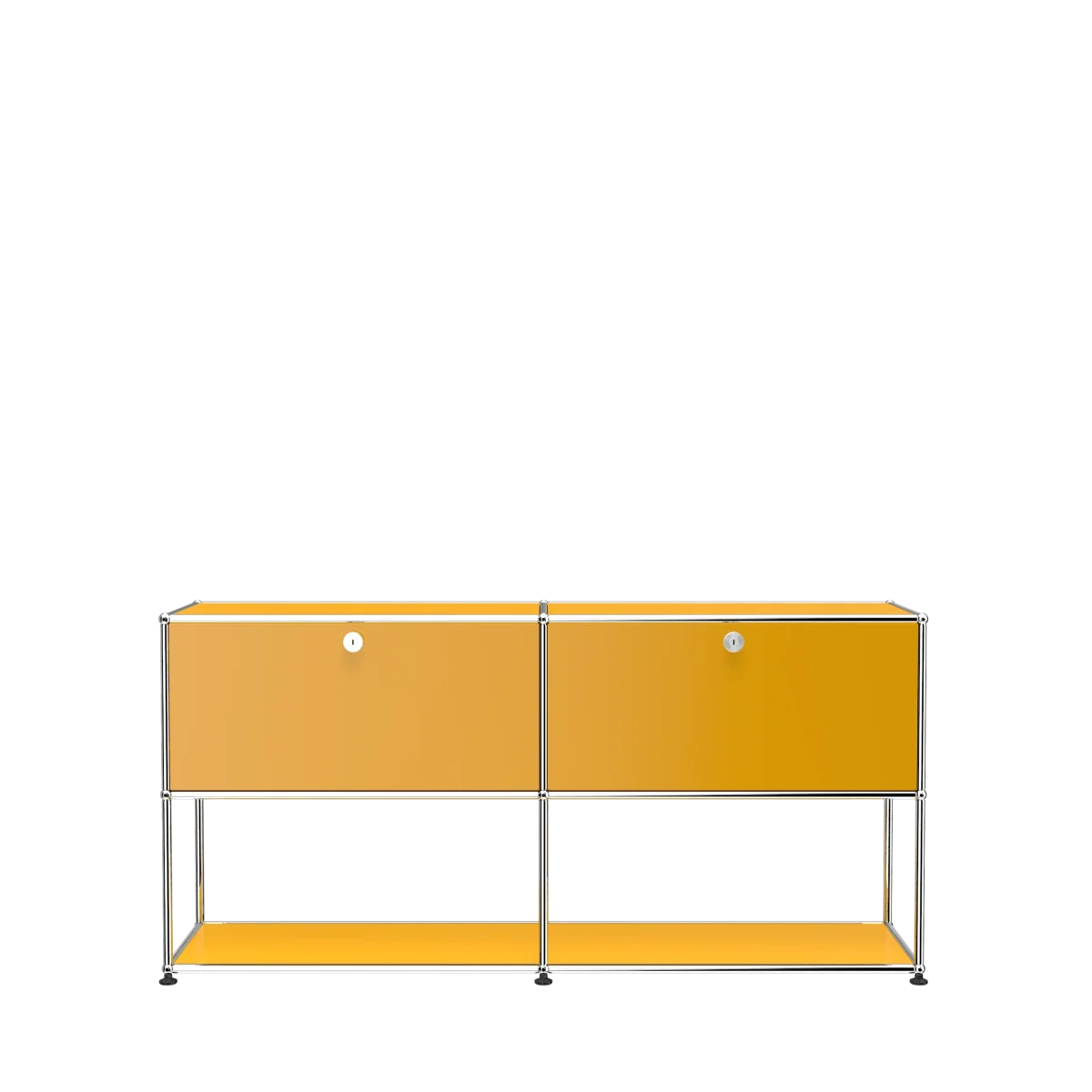 USM Haller Sideboard 2x2 in Gelb; lebendige Akzentfarbe, unten offenes Fach, oben zwei Klapptüren