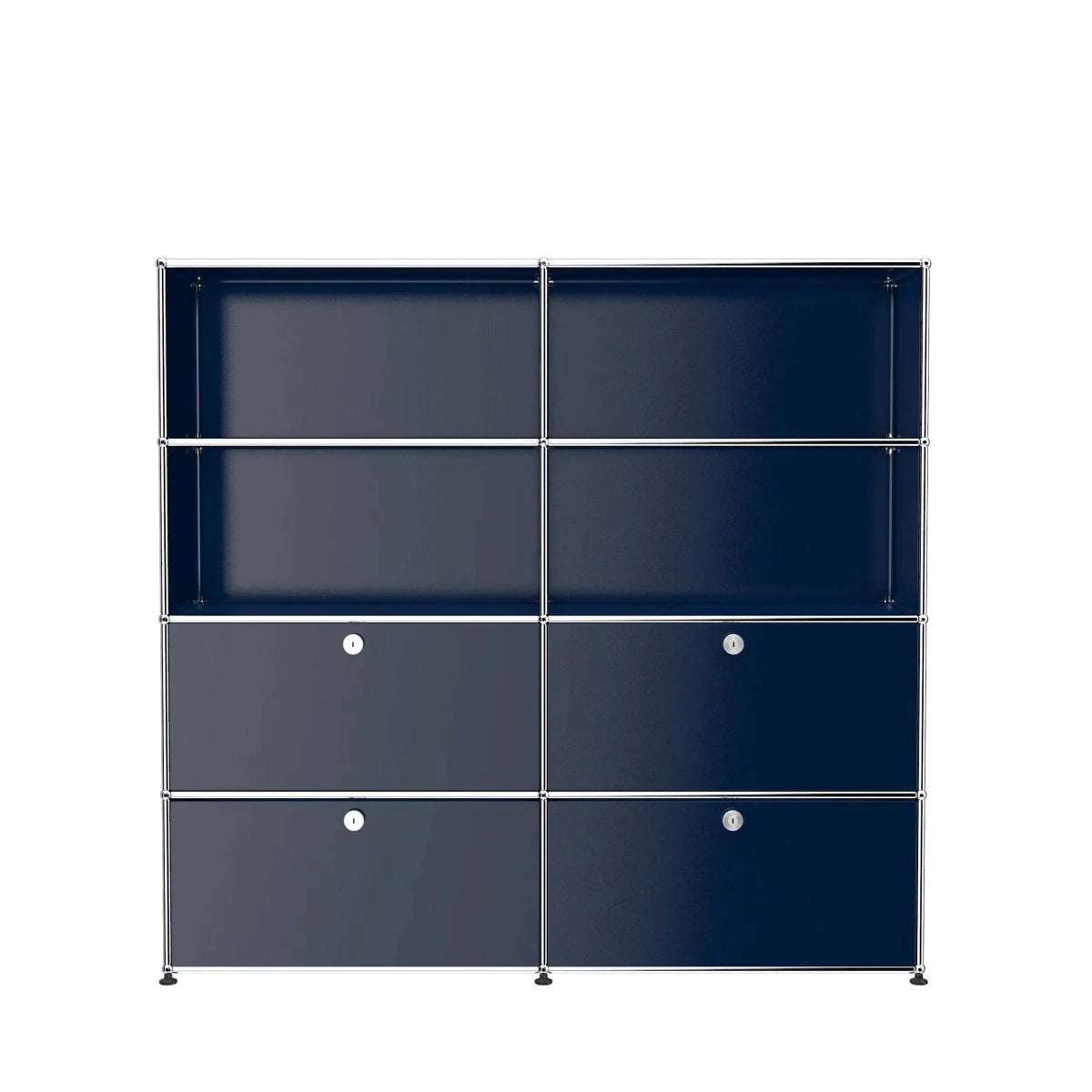 USM Haller Highboard stahlblau; zeitloses Schweizer Design, modulare Bauweise, offene Fächer plus vier Klapptüren.