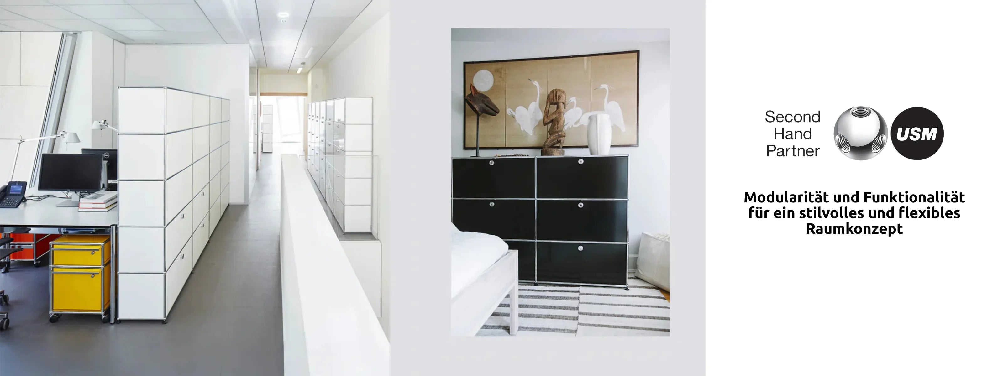 USM Haller Regal in Weiss im modernen Buero-Flur, modulare Stauraumloesung mit klarer Linienfuehrung