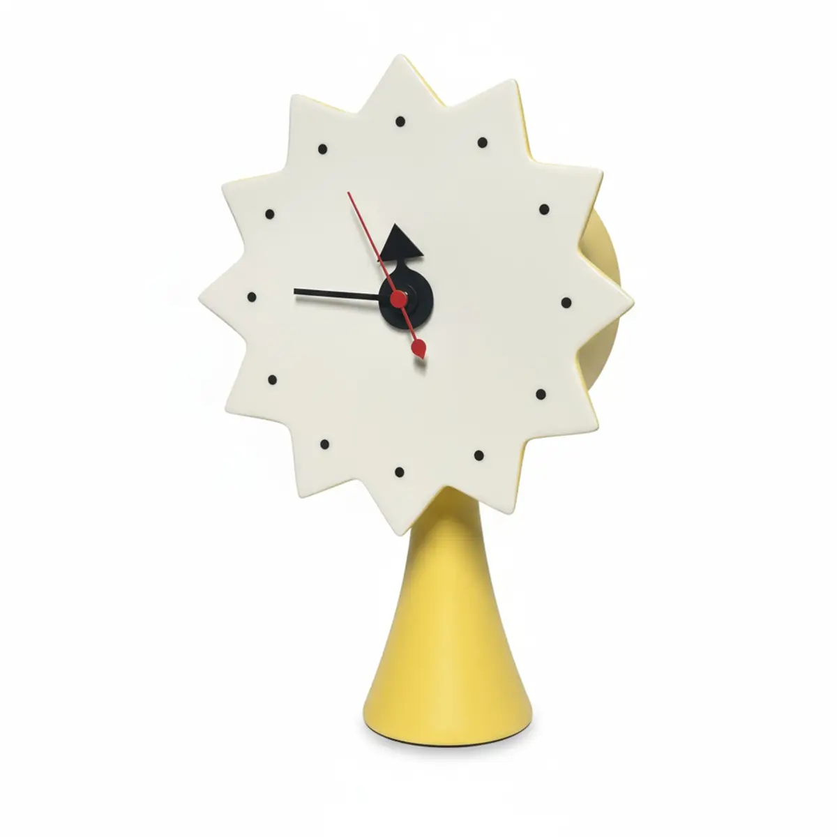 Vitra Ceramic Clock Model von George Nelson in Gelb, Frontansicht mit sternfoermigem Zifferblatt und rotem Sekundenzeiger
