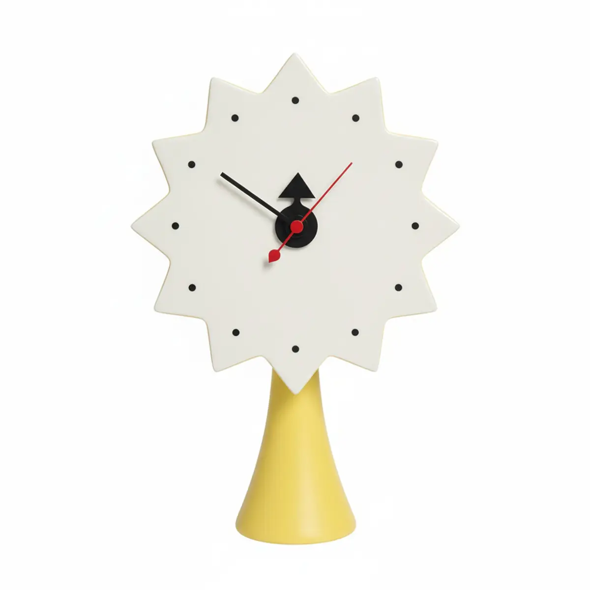 Vitra Ceramic Clock Model von George Nelson in Gelb, frontale Detailansicht des sternfoermigen Zifferblatts mit Stundenpunkten