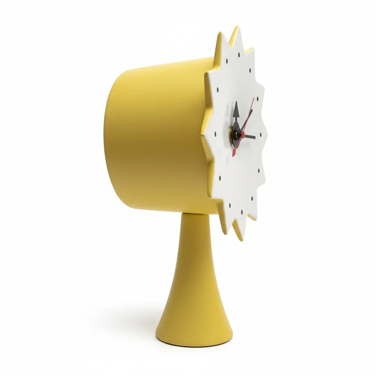 Vitra Ceramic Clock Model von George Nelson in Gelb, Seitenansicht mit zylindrischem Gehaeuse und konischem Standfuss

