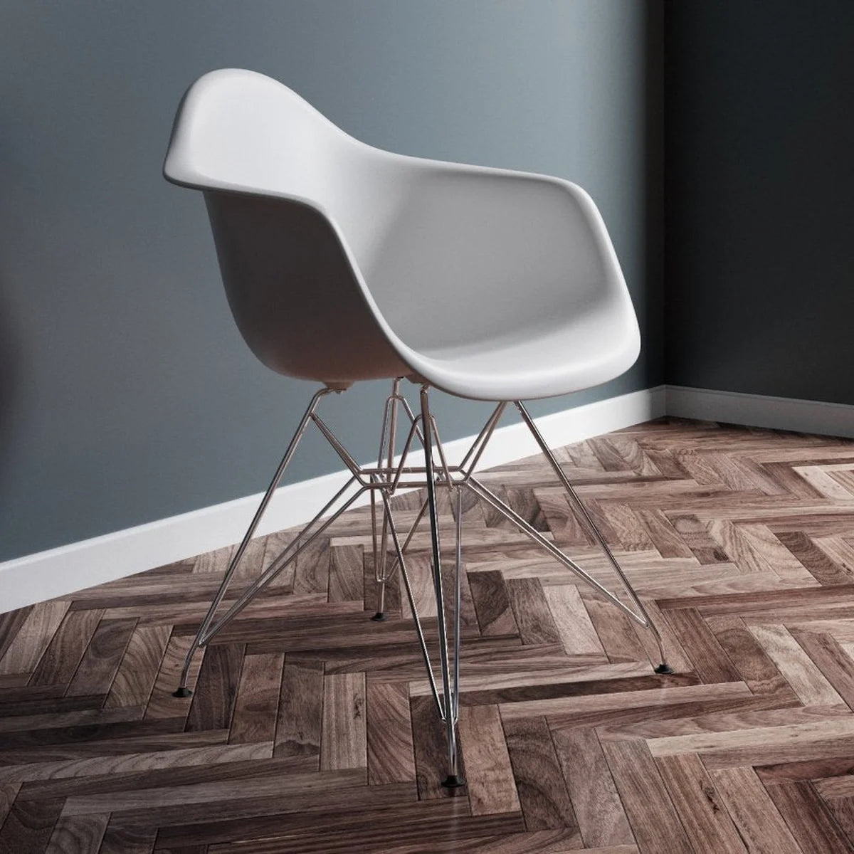 Seitliche Aufnahme von Vitra Eames Plastic Chair DAR auf schönem Parkettboden