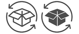 Symbolgrafik mit zwei offenen Versandkartons und kreisfoermigen Pfeilen als Hinweis auf Rueckgabe oder Umtausch