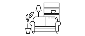 Schwarzes Icon mit Sofa, Stehlampe, Pflanze und Regal als Symbol fuer Wohnzimmer oder Wohnbereich